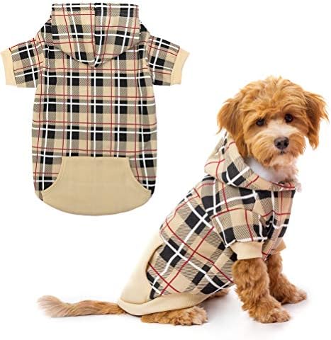 EXPAWLORER Plaid Dog Hoodie – British Style Soft and Warm Dog Sweater with Leash Hole, Hooded Cold Weather Clothes, Dog Sweatshirt, Outfits, Winter Coat for Small Medium Large Dogs