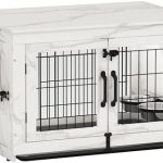Piskyet Wooden Dog Crate Furniture with 360°Rotatable Removable Dog Bowls, Dog Crate End Table with Tray, Double Doors Dog Kennels for Dogs(M:31.8″ L*22.1″ W*24.1″ H,Marble White)