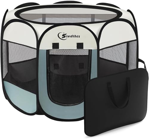 Siedihit Dog Cat Playpen, Puppy Pet Playpen Indoor for Small Dog Crate Tent Cage Outdoor, Portable Pop Up Dogs Enclosure Kennel with Carrying Case for Dogs/Cats/Rabbits(Grey, Small