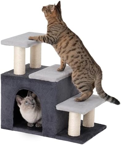 Aechonow 3-in-1 Pet Stairs for Cats, Dog Steps for Small Doggie Rabbits, 6.29”Depth Cat Stairs, Indoor Cat Ladders for High Bed for Pet’s Joints, 1 Cat Condo Cave, Sisal Scratcher, Grey, Medium