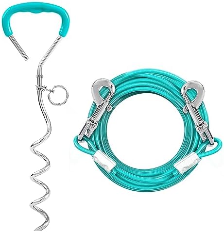 Snagle Paw Dog Tie Out Stake and Run Cable, 10FT Long Lead with Yard Stake, Chains for Outside, Leash Camping & Beach, Tether Medium Large Dogs, Ice Blue