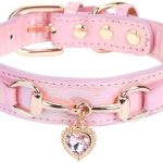 THAIN Fashion Dog Collar with Bling Diamonds & Heart Charm – 5 Holes Adjustable PU Leather Rhinestones Necklace Collar, Gold Buckle for Small Dogs Girl (Pink, XS)