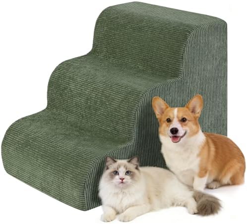 Dog Stairs for Bed 15″ H, 3-Step Dog Ramp for Aged and Injured Dogs, Up to 50 Lbs Foam Pet Stairs for Small Dogs and Cats to Get on Couch or Chair, Non-Slip, Steady, Washable Cover, Green
