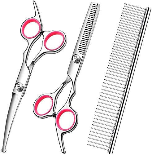 FAIGEO Dog Grooming Scissors with Safety Round Tips Stainless Steel Professional Dog Grooming Kit – Thinning, Curved Scissors and Comb for Cat Pet (Pink 4 in 1)