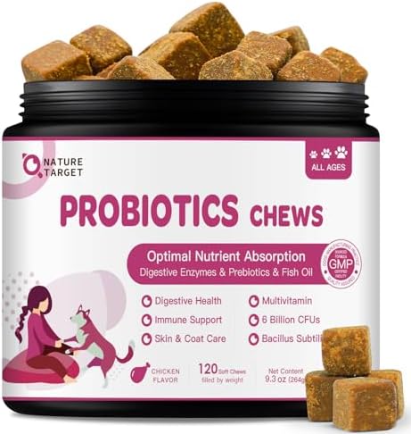 NATURE TARGET Probiotics for Dogs & Digestive Enzymes for Digestive Health – Plus Fish Oil & Vitamins Supplement for Allergies & Immune & Itchy Skin, 120 Chicken Flavor Probiotic Soft Chews
