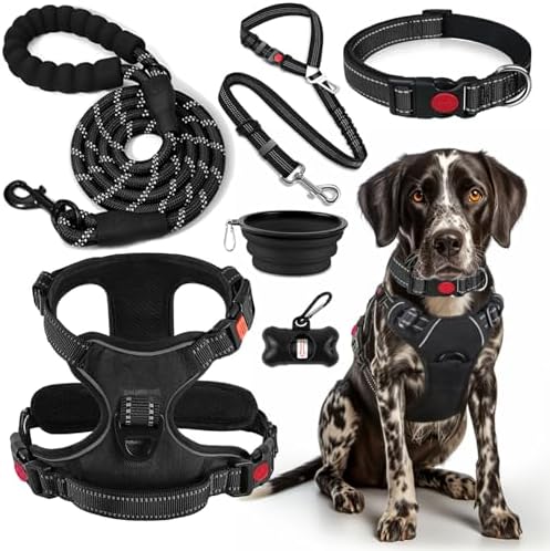 LOBEVE No Pull Dog Harness, Collar & Leash Set | Includes Dog Seat Belt, Collapsible Bowls & Poop Bag Dispenser. Ideal for Training, Walking, Hiking. Fits Small to Large Dogs(Black-L)