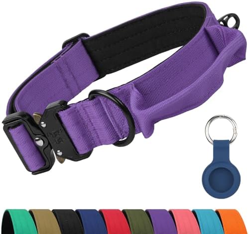 Joytale Tactical Dog Collar for Large Dogs with Control Handle, Heavy Duty Military Training Collar for Power Breeds, AirTag Holder Case, Quick Release Metal Buckle, Soft Padded, L, Purple