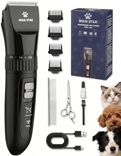 M&M STAR Dog Grooming Kit, Low Noise Dog Clippers, 2-Speed IPX7 Waterproof, Rechargeable Cordless Pet Hair Clippers Trimmer Shaver with LED Display for Small Large Dogs Cats, Black