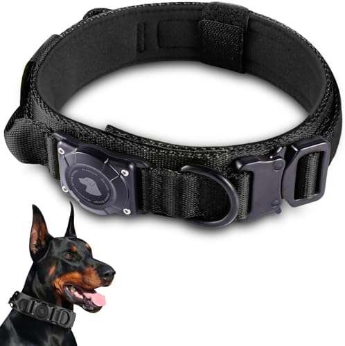 2026 Upgrade Waterproof AirTag Dog Collar, Military Tactical Dog Collar with AirTag Holder, Comfortable Control Handle and Metal Buckle, GPS Dog Collar Holder for Medium to Large Dogs (Black, XL)
