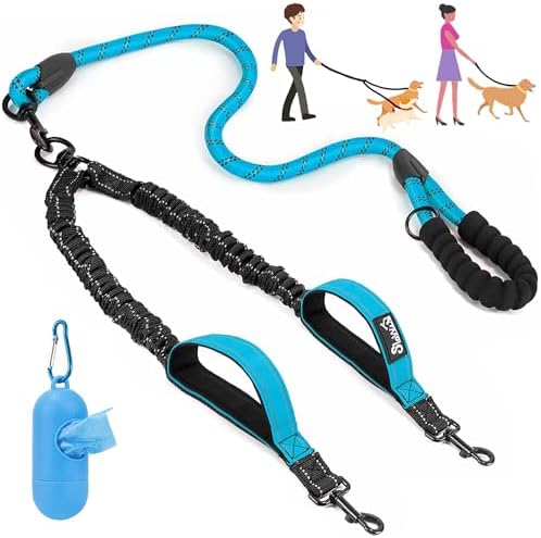 Lukovee Double Dog Leash, No Tangle 360° Swivel Heavy Duty Reflective Lead with Two Padded Handles Dual Dog Splitter, Comfortable Shock Absorbing Walking Training for Small Medium Large Dogs(Blue,L)