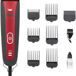 Kong 2-Speed Dog Clipper Grooming Kit – Stainless Steel Blade, Waterproof, LED Spotlight, 6 Guide Combs, 8-Foot Cord, Ergonomic Handle – Red/Gray, Medium Coat Types