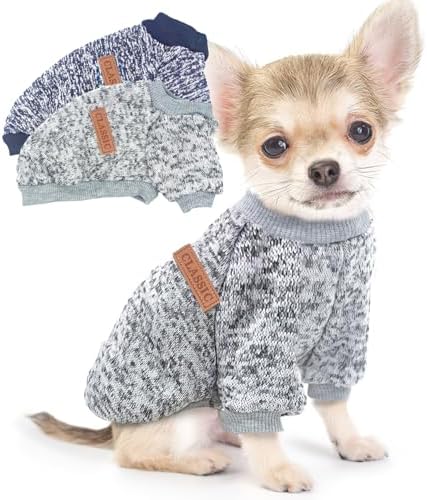 2 Pieces Dog Sweaters for Small Dogs Fall Dog Clothes Male Winter Fleece Pet Sweaters Warm Thick Puppy Outfit Small Dog Sweater for Boy Girl Dogs Teacup Dog, Yorkie, Chihuahua, Pug, XXS,Grey Navy