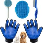 NVNAN 5 Piece Dog Grooming Brush Set with Grooming Gloves, Deshedding Comb & Massage Bath Brush | Dog Shampoo Brush – Multifunctional Pet Hair Removal Tools for Shedding, Bathing, Brushing (Blue)