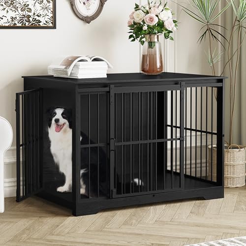Hzuaneri XL Large Dog Crate Furniture, 44.1″ Indoor Dog Kennel Furniture with Barn Door, Wooden Tall Dog Crate, Heavy Duty Dog Cage for Large Dogs, Side End Table, Anti-Chew, Black DFC80104B