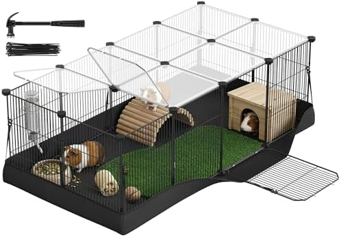 SONGMICS Guinea Pig Cage, Rabbit Cage, Small Animal Playpen with Waterproof Mat, Top and Side Door, 20 Panels, 48.4 x 24.8 x 16.3 Inches, Ink Black ULPI011BH01