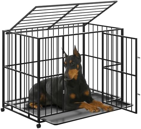 48 Inch Dog Crate for Large Sized Dogs, Heavy Duty Stainless Steel Indoor Kennel Escape Proof with Wheels and Removable Tray, Extra Large XL XXL Indestructible Dog Cage Stackable for High Anxiety Dogs