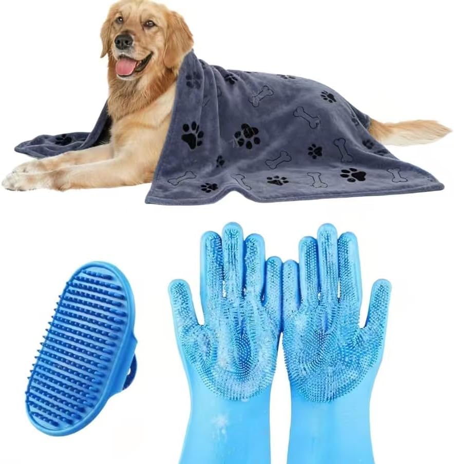3PCS Dog Bath Supplies,Dog Bath Brush | Dog Washing Gloves | Dog Towel 40” X 23.6”,Super Absorbent and Soft Pet Grooming Towel, Perfect Shower & Grooming Supplies for Dogs (A-3 Kits)